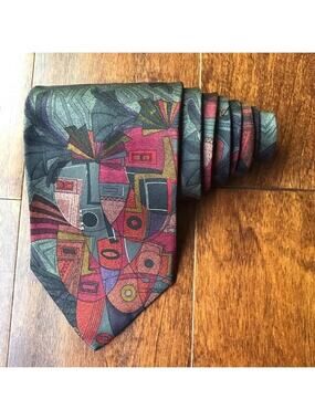 Vintage Structure Tie, Unique Dark Color Combo, Shows Abstract Masks, 100% Silk